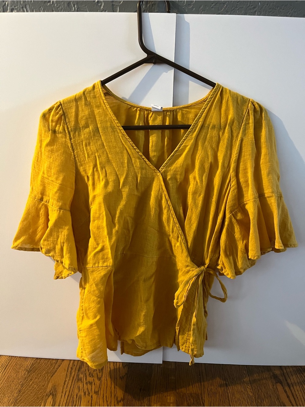Old Navy Yellow Wrap Blouse with Ruffle Sleeves